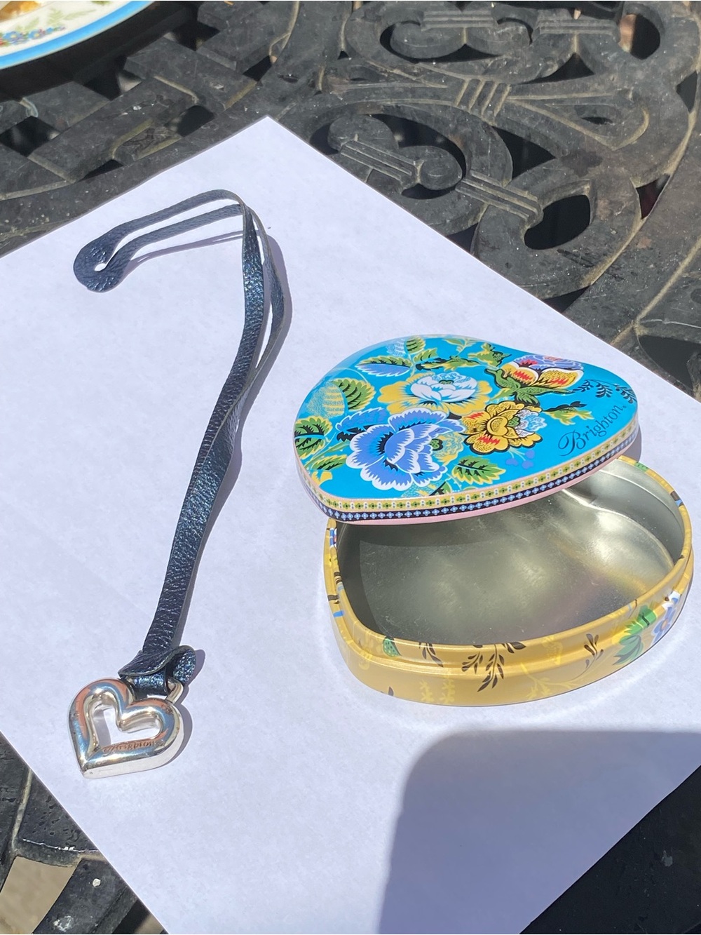 Brighton VTG Blue Floral Heart Tin and Navy Leather Bag Charm